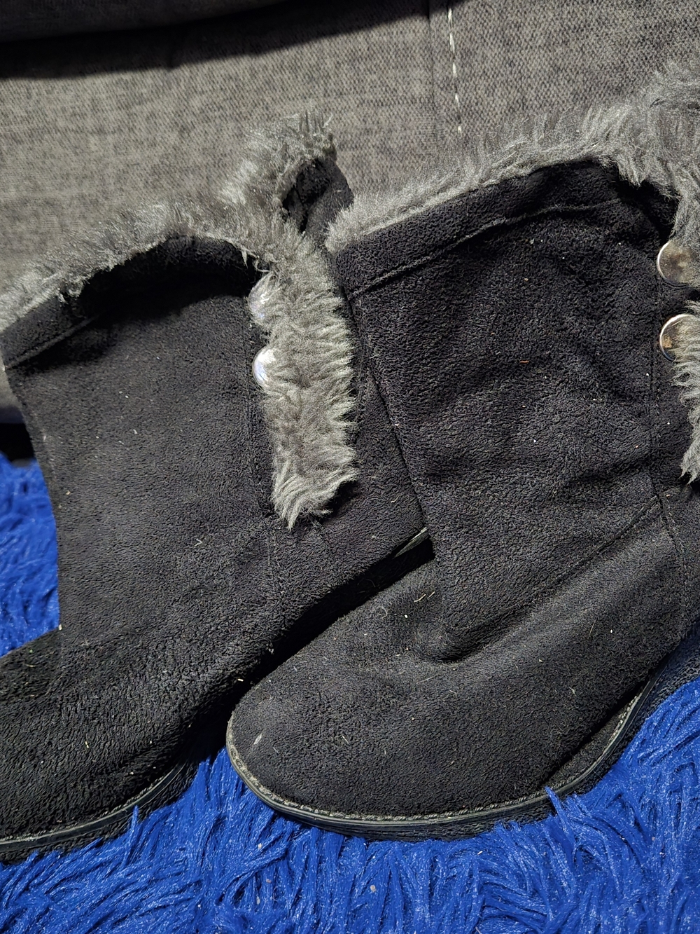 Women's Black Faux-Suede Ankle Boot with Gray Faux-Fur Trim